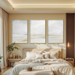 Abstract Beach Triptych, minimalist beach painting set of 3. Liam O'Connell artwork with gold frames and neutral colors