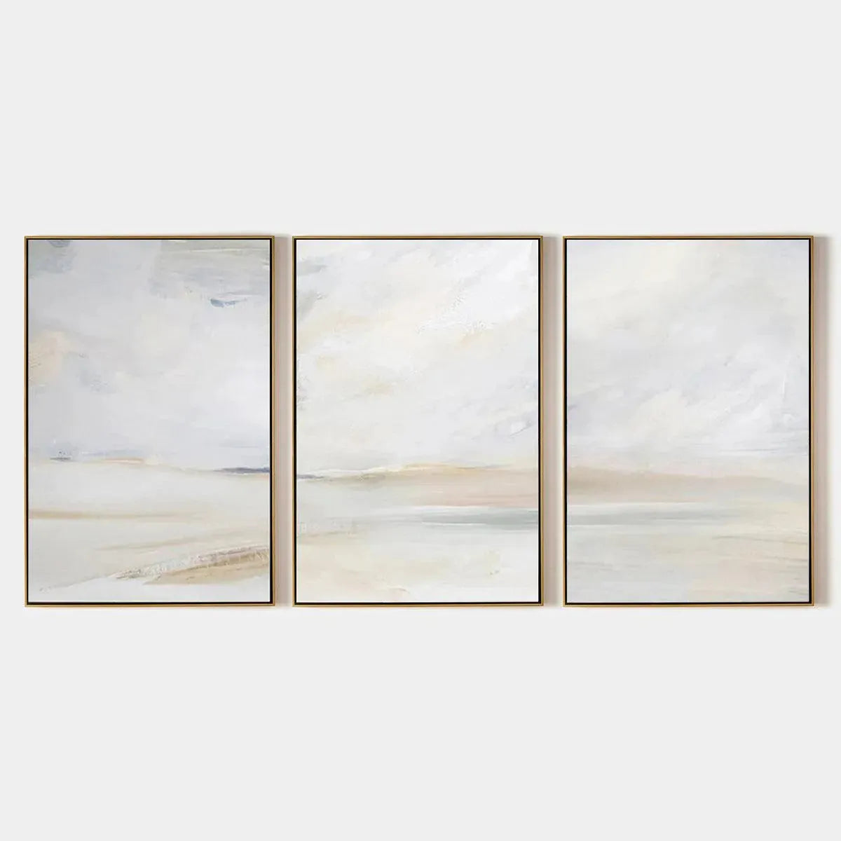 Abstract Beach Triptych, minimalist beach painting set of 3. Liam O'Connell artwork with gold frames and neutral colors.