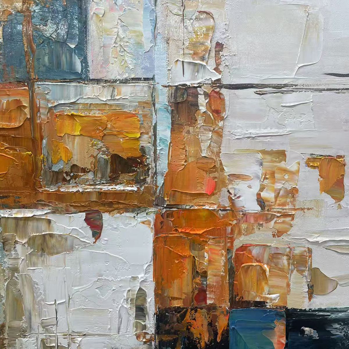 Textured abstract cityscape painting with thick impasto strokes in orange, white, and brown with geometric blocks.