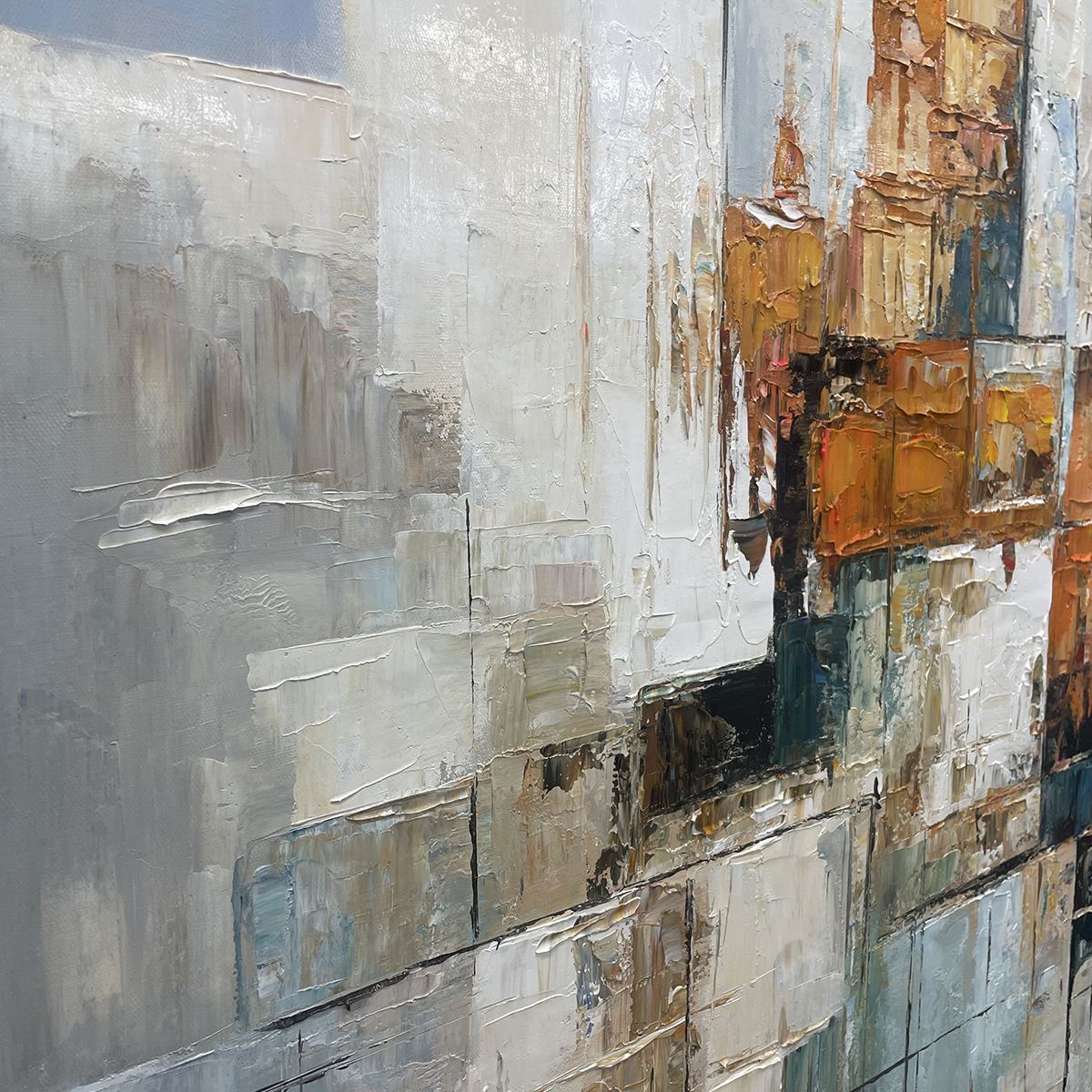 Textured abstract cityscape painting with geometric shapes and muted colors.