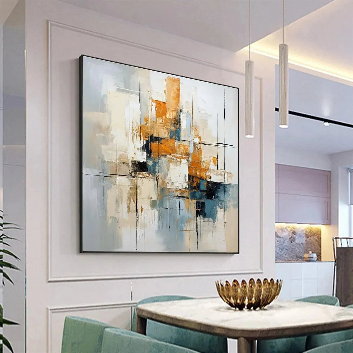 Abstract Cityscape painting by Javier Ramirez, geometric art with orange, blue and white. Square framed artwork.