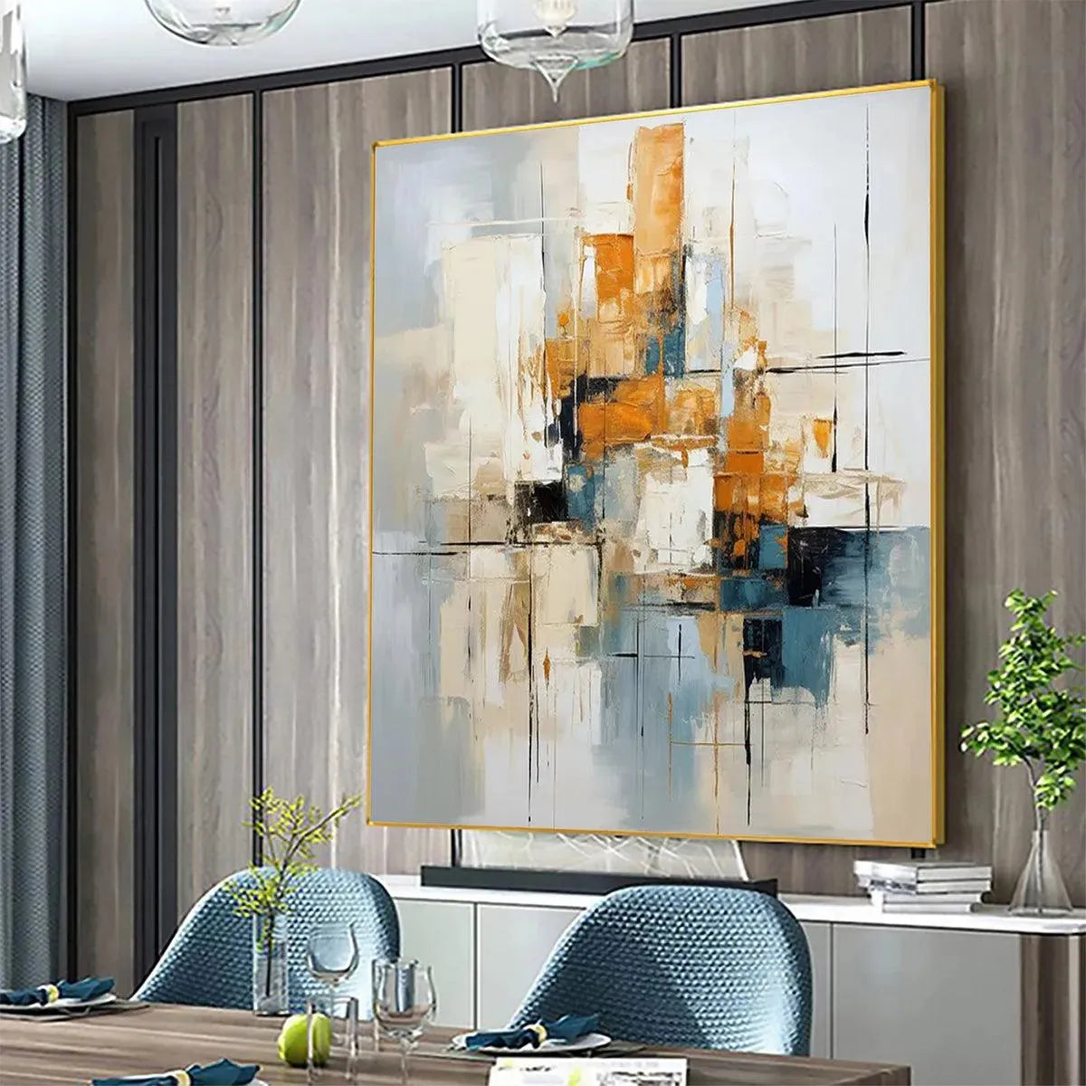 Javier Ramirez abstract cityscape painting. Geometric wall art with orange, blue, beige, and black. Square framed artwork.