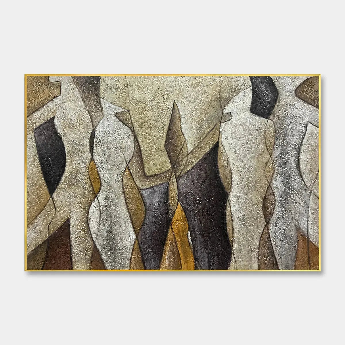 Textured Abstract Figures Painting, Beige and Brown Wall Art, Horizontal Canvas, Modern Decor