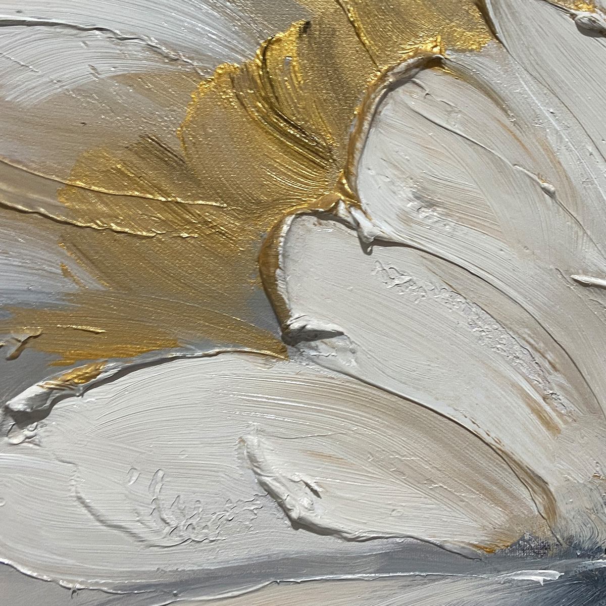 Textured abstract floral diptych paintings with white and gold impasto petals on a dark background.