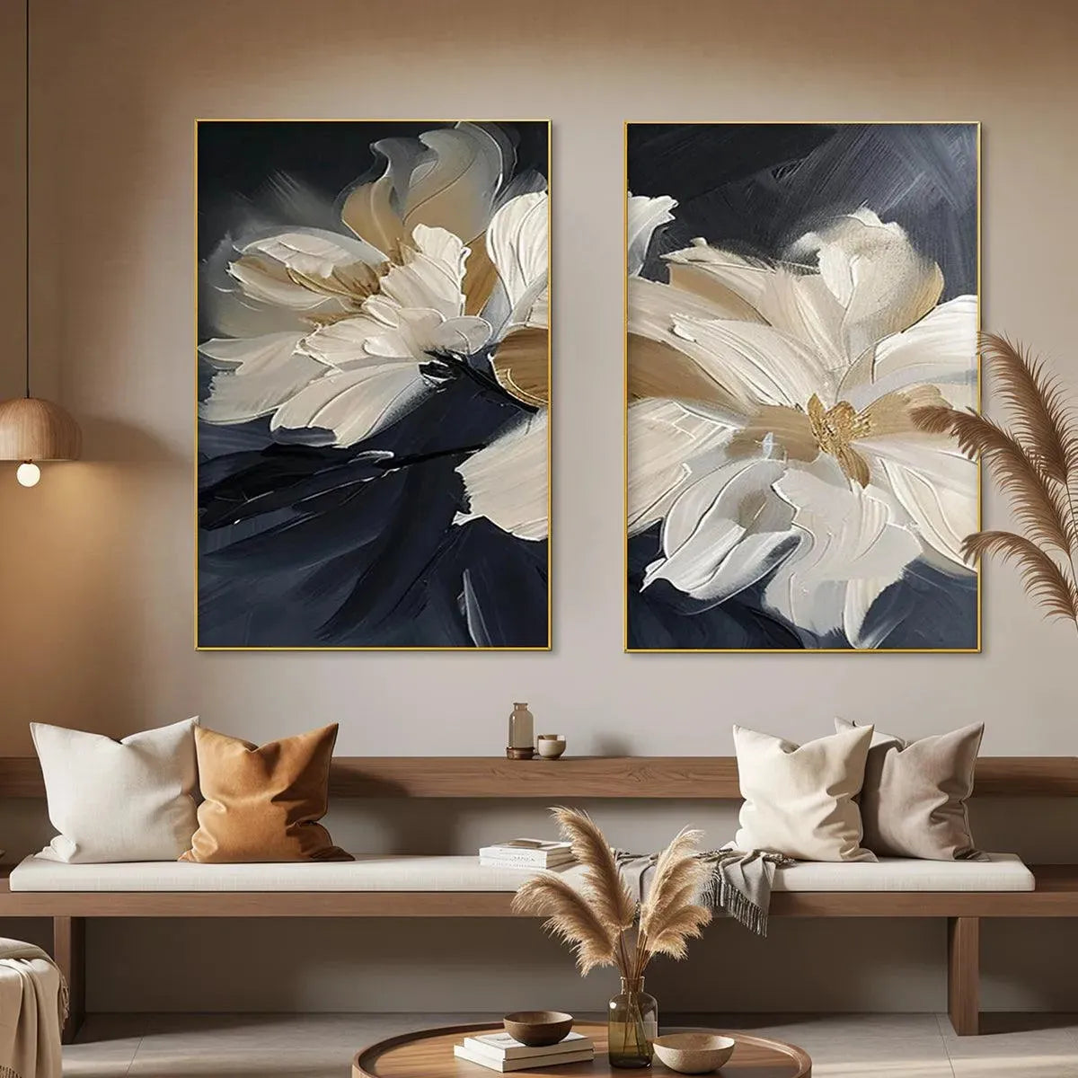 Textured abstract floral diptych paintings with white and gold impasto petals on a dark background.