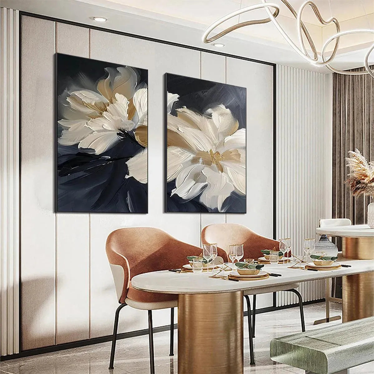 Textured abstract floral diptych paintings with white and gold impasto petals on a dark background.