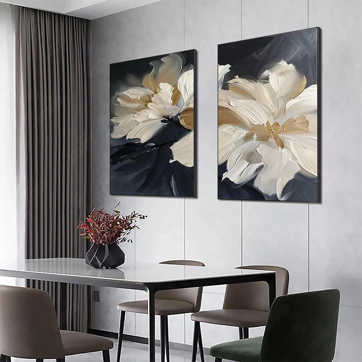 Textured abstract floral diptych paintings with white and gold impasto petals on a dark background.