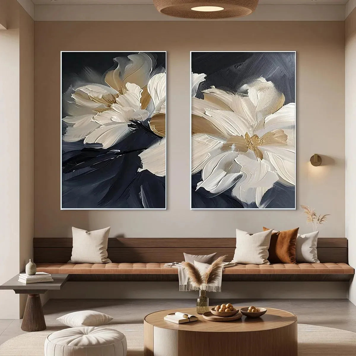 Textured abstract floral diptych paintings with white and gold impasto petals on a dark background.