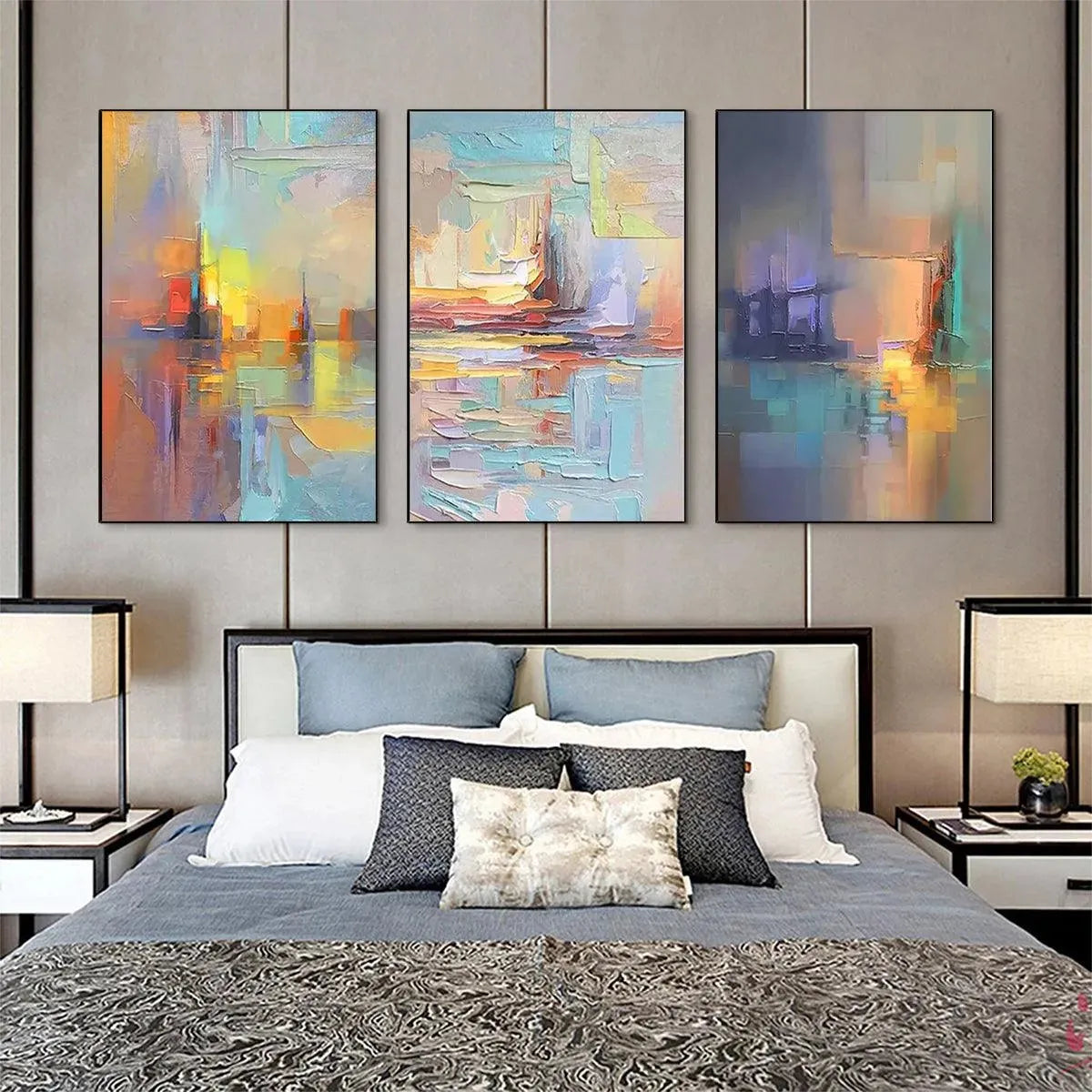 Abstract Seascape Triptych painting set by Isabella Rossi. Impasto style artwork with vibrant colors and textured strokes.