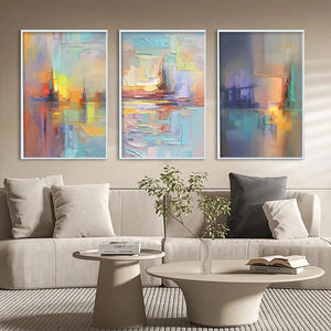 Abstract Seascape Triptych painting set by Isabella Rossi. Impasto style artwork with vibrant colors and textured strokes.