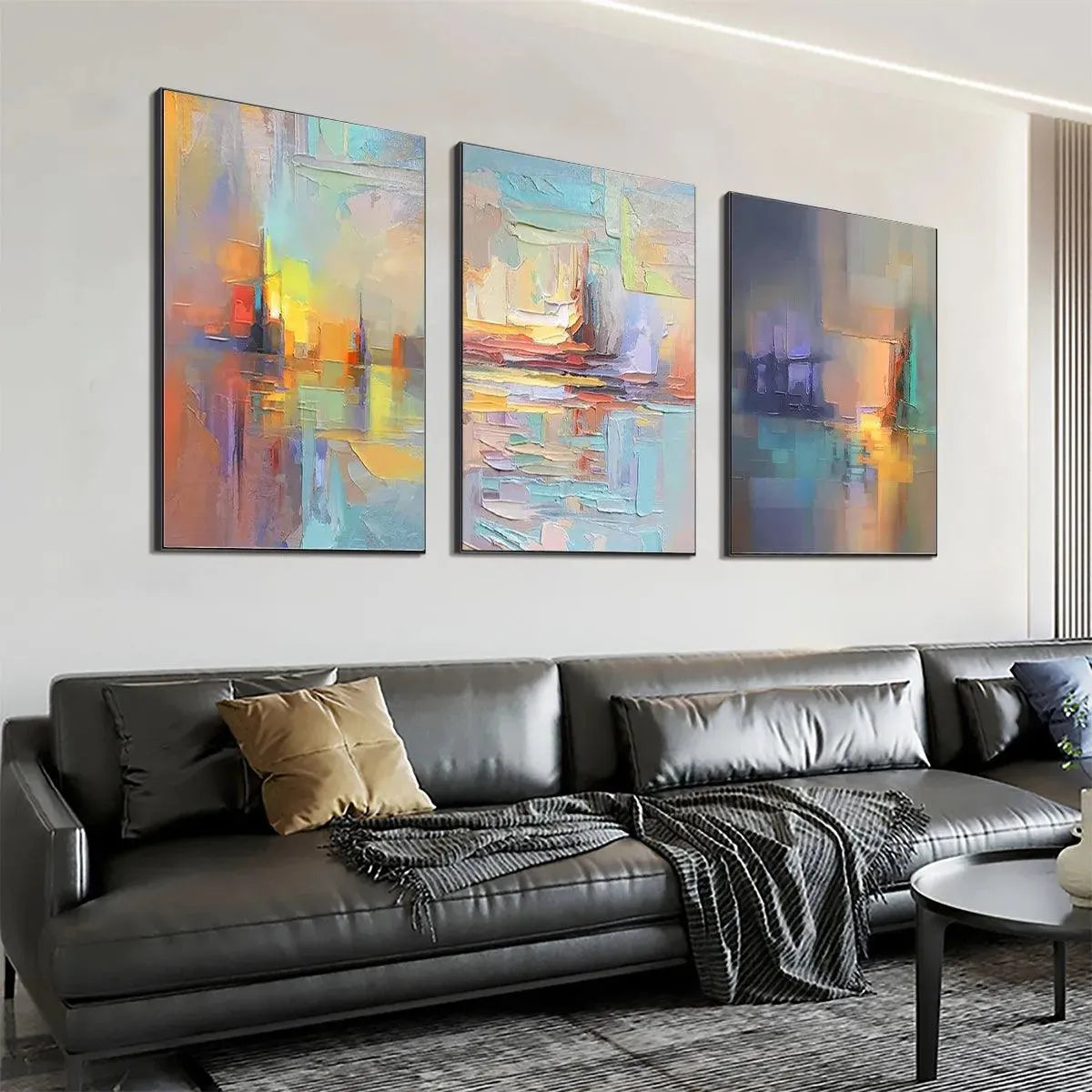 Abstract Seascape Triptych painting set by Isabella Rossi. Impasto style artwork with vibrant colors and textured strokes.