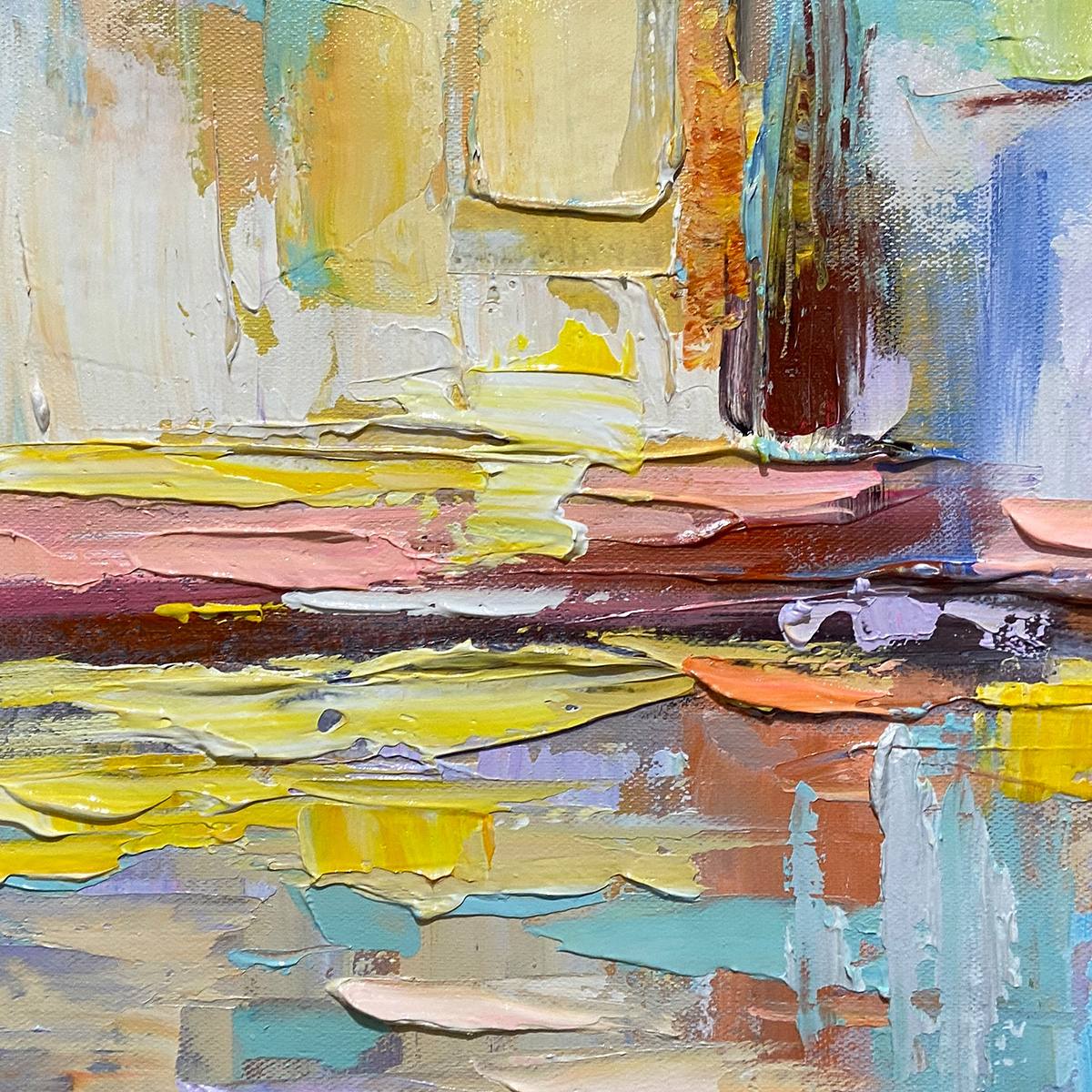 Abstract Seascape Triptych painting set by Isabella Rossi. Impasto style artwork with vibrant colors and textured strokes.