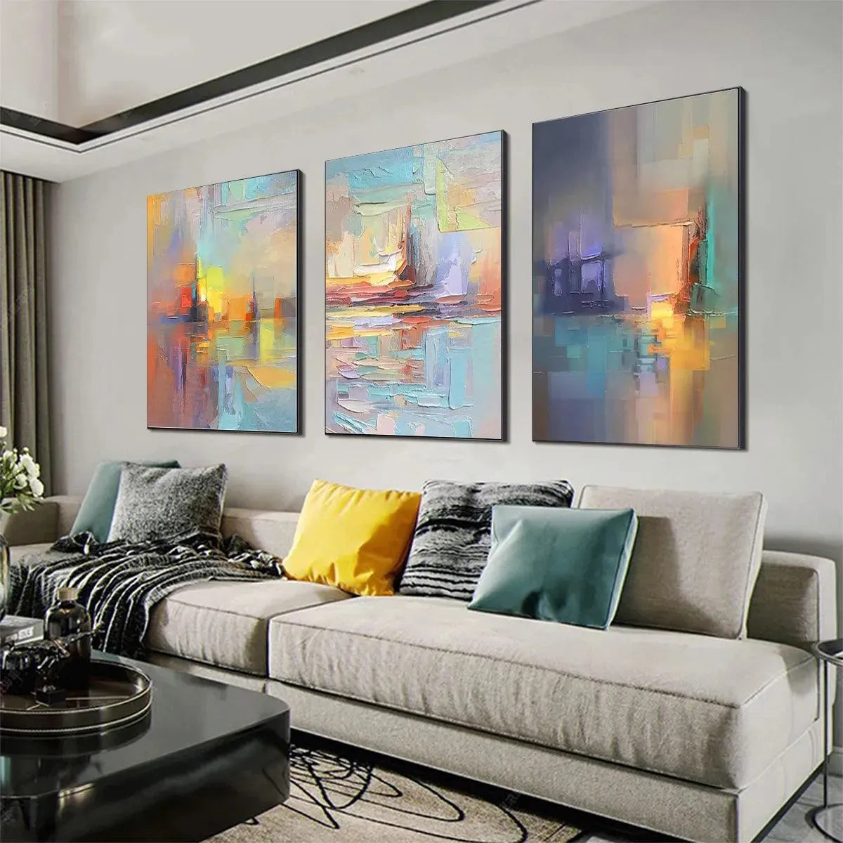 Abstract Seascape Triptych painting set by Isabella Rossi. Impasto style artwork with vibrant colors and textured strokes.