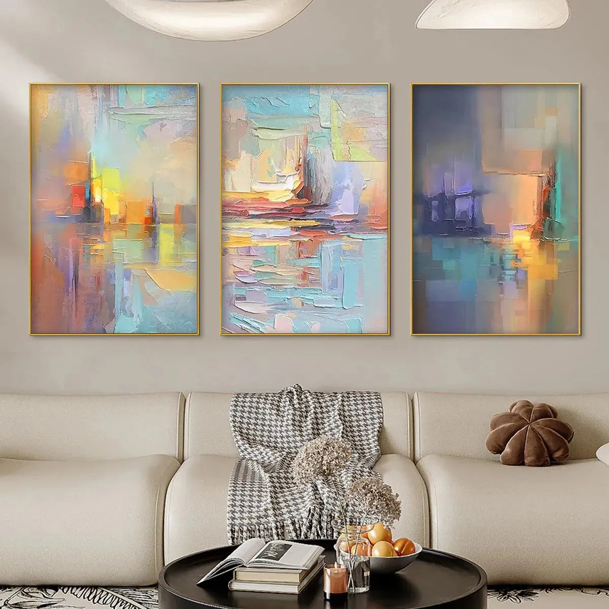 Abstract Seascape Triptych painting set by Isabella Rossi. Impasto style artwork with vibrant colors and textured strokes.
