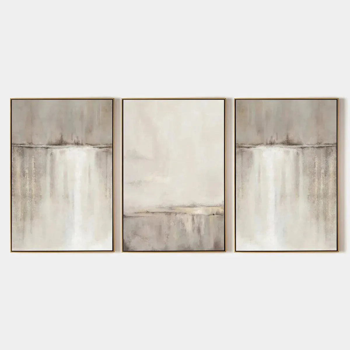 Abstract waterfall triptych: 3 minimalist paintings with beige, grey, white tones and gold frames.