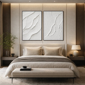White textured Wabi Sabi abstract wall art set above beige bed