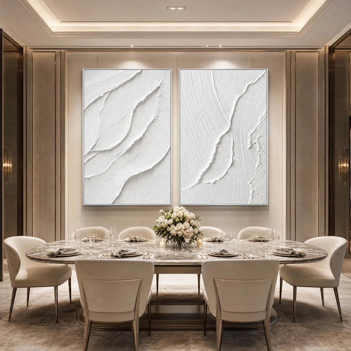 Minimalist white textured Wabi Sabi wall art set above a luxury dining table
