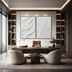 White textured Wabi Sabi wall art set above a modern office desk