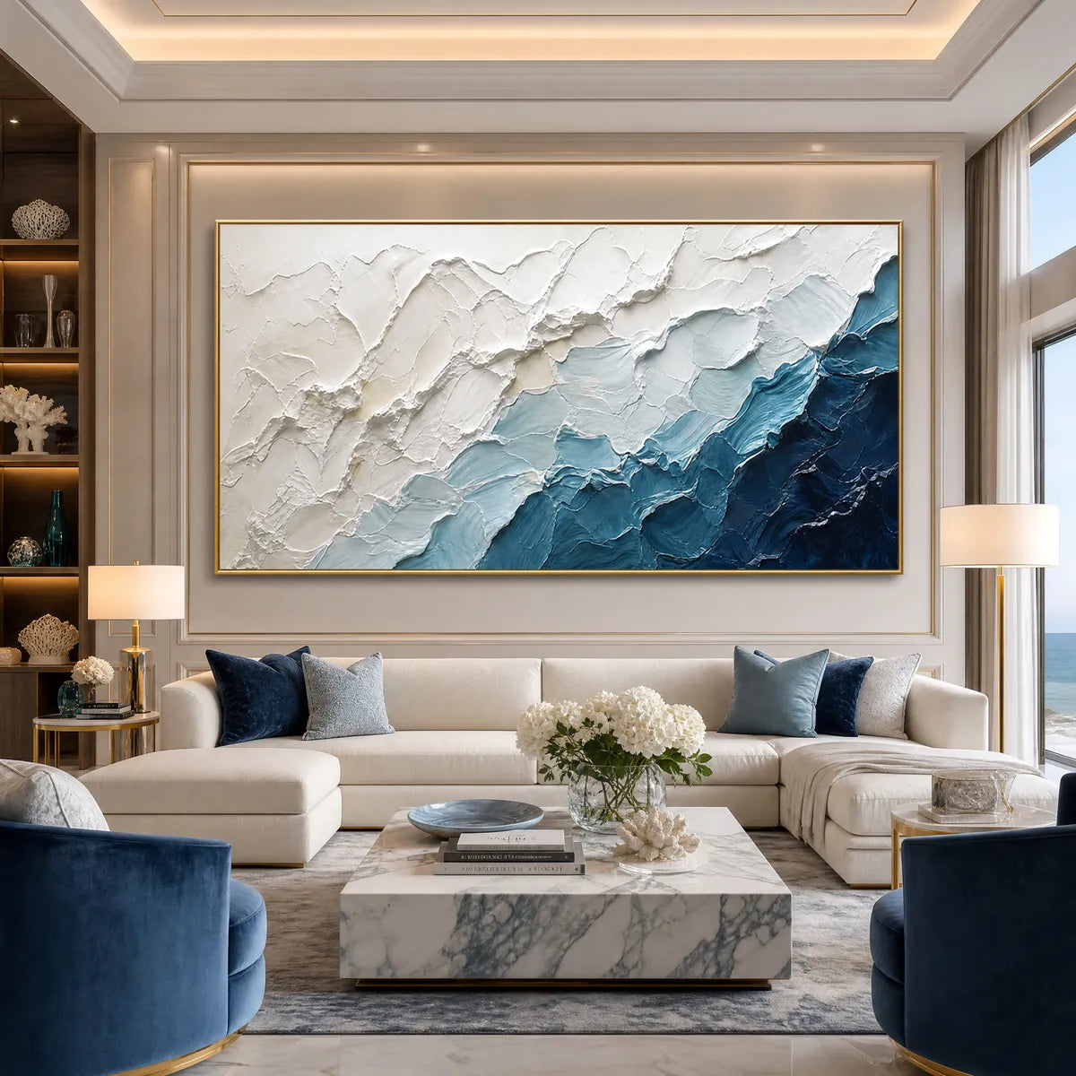 AEGEAN CREST: Textured Abstract Seascape Painting in Blue and White