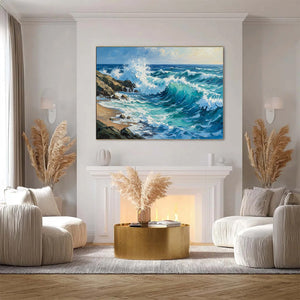 AEGEAN CREST: Textured Crashing Ocean Wave Oil Painting