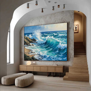 AEGEAN CREST: Textured Crashing Ocean Wave Oil Painting