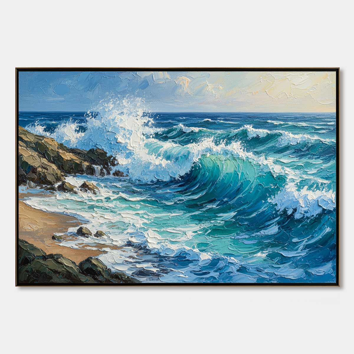 AEGEAN CREST: Textured Crashing Ocean Wave Oil Painting
