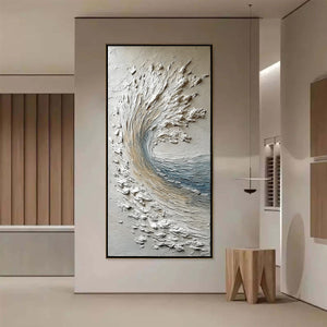 AEGEAN CREST: Vertical Textured Impasto Ocean Wave Painting