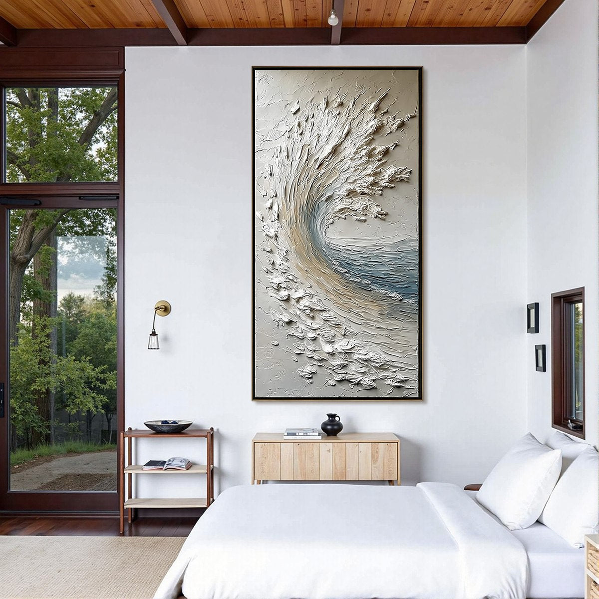 AEGEAN CREST: Vertical Textured Impasto Ocean Wave Painting