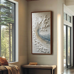 AEGEAN CREST: Vertical Textured Impasto Ocean Wave Painting