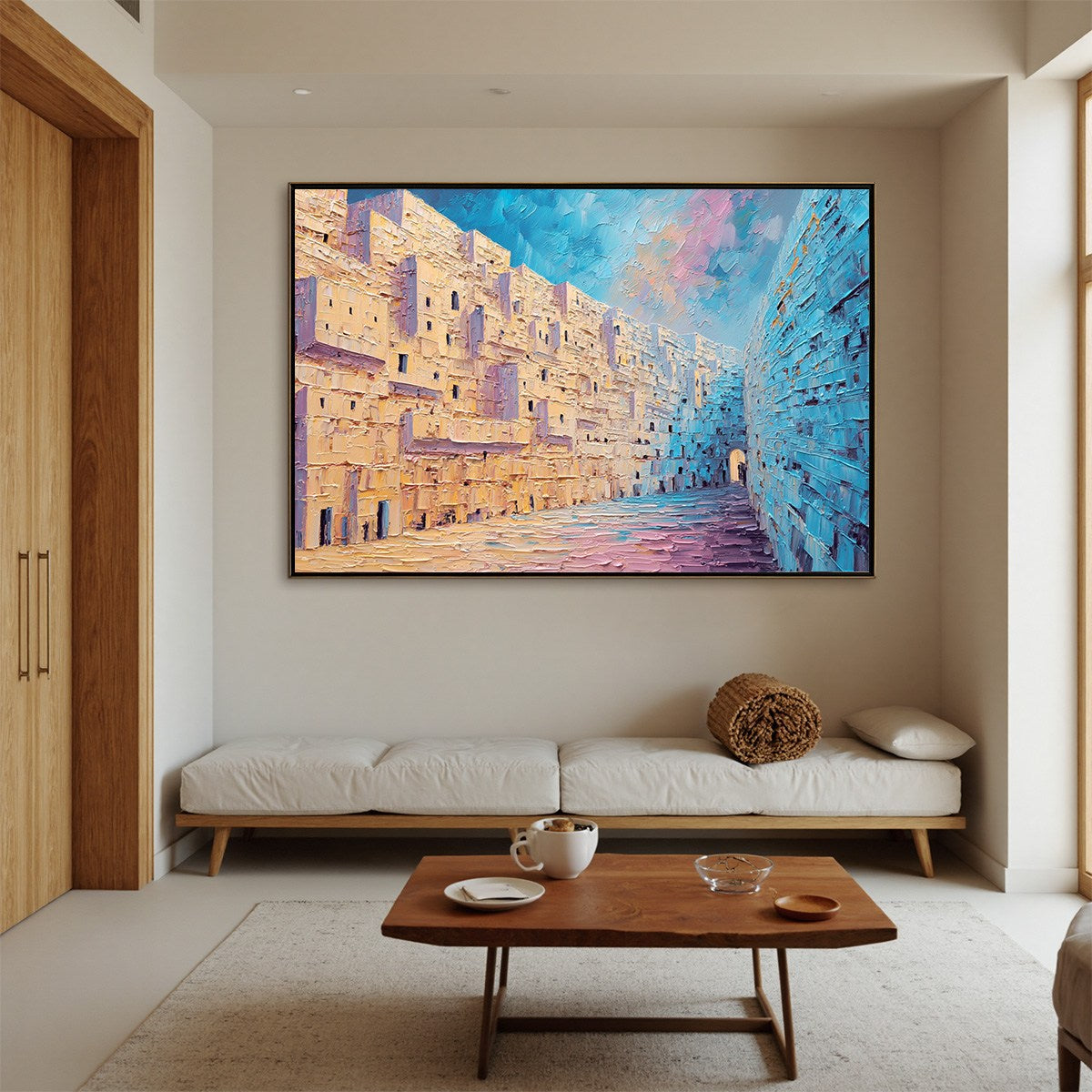 Aegean Passage Textured Cityscape Oil Painting | Impasto Wall Art