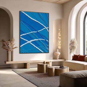 Large textured blue and white impasto abstract wall art