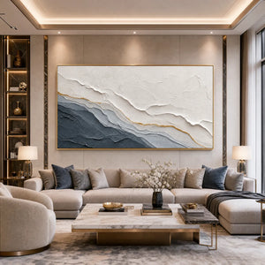 AEON textured abstract landscape painting in grey, white and gold on wall