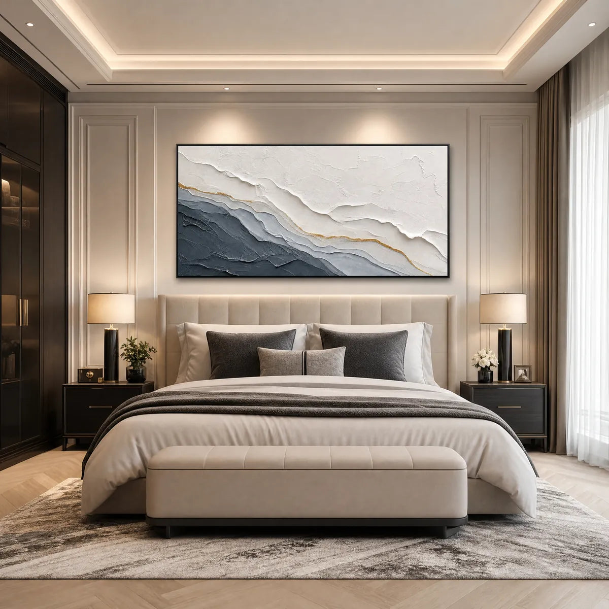 Textured grey and gold abstract landscape painting above modern bed