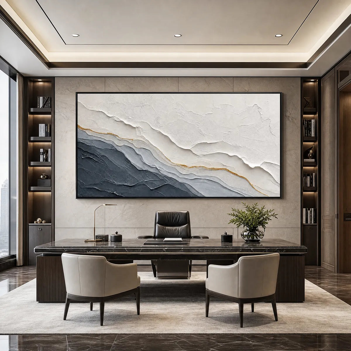 Textured grey and gold abstract landscape painting in a modern office