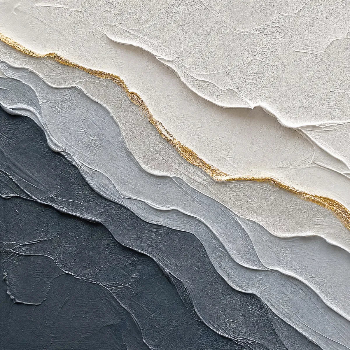 Textured grey and gold abstract landscape oil painting with layered white and charcoal tones