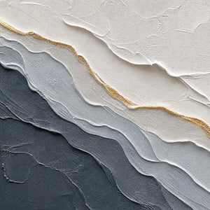 Textured grey and gold abstract landscape oil painting with layered white and charcoal tones