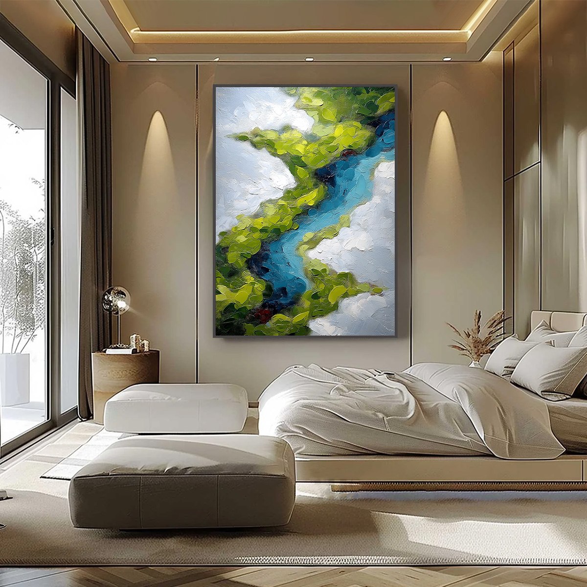 AERIAL REVERIE: Textured Abstract Aerial River Landscape Painting