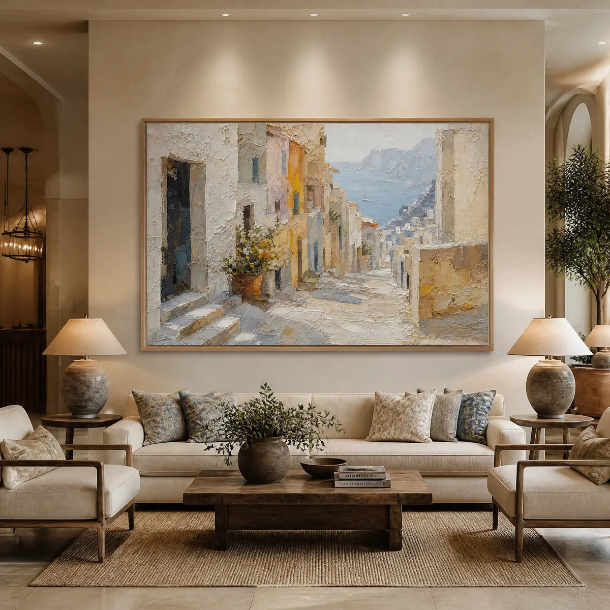Large, framed Mediterranean landscape oil painting featuring heavy impasto texture, hanging prominently above a beige sofa in a warm, elegant living room setting.