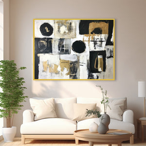 Alchemy Grid: Original Abstract Oil Painting - Black White Gold Textured Horizontal Wall Art
