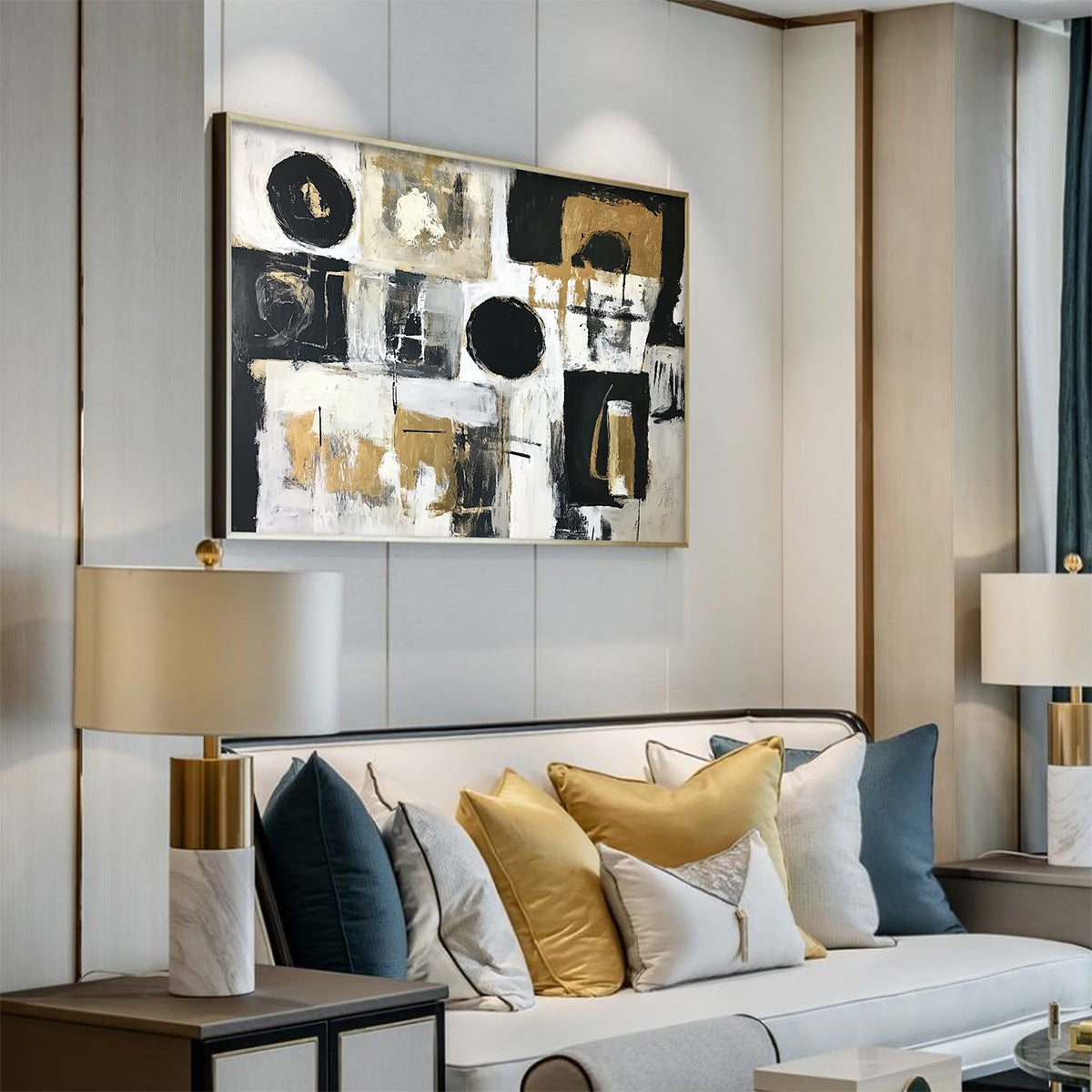 ALCHEMY GRID: Textured Abstract Painting in Black, White & Gold