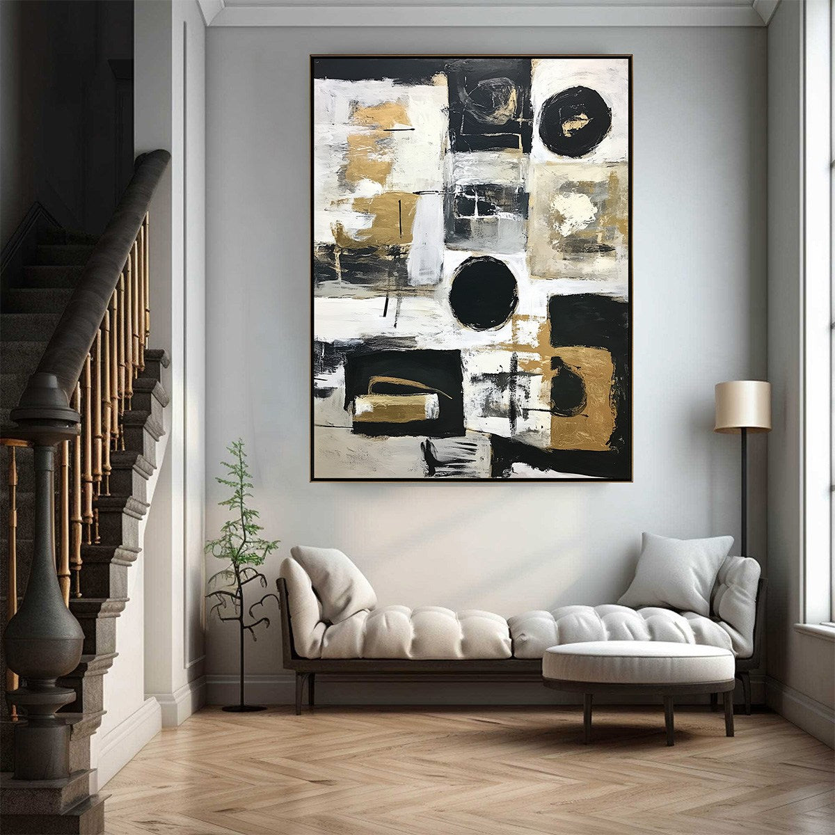 Alchemy Grid: Original Abstract Oil Painting - Black White Gold Textured Horizontal Wall Art