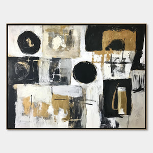 Alchemy Grid: Original Abstract Oil Painting - Black White Gold Textured Horizontal Wall Art