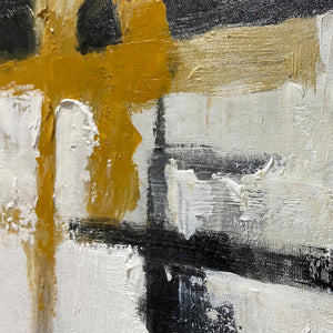 Alchemy Grid: Original Abstract Oil Painting - Black White Gold Textured Horizontal Wall Art
