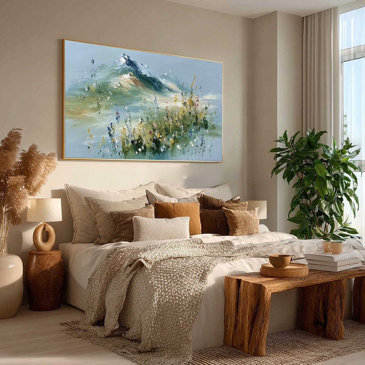 ALPINE BLOOM: Textured Palette Knife Mountain & Wildflower Landscape Painting