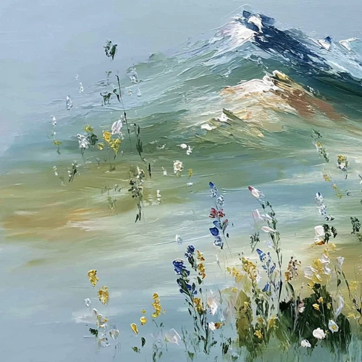 ALPINE BLOOM: Textured Palette Knife Mountain & Wildflower Landscape Painting