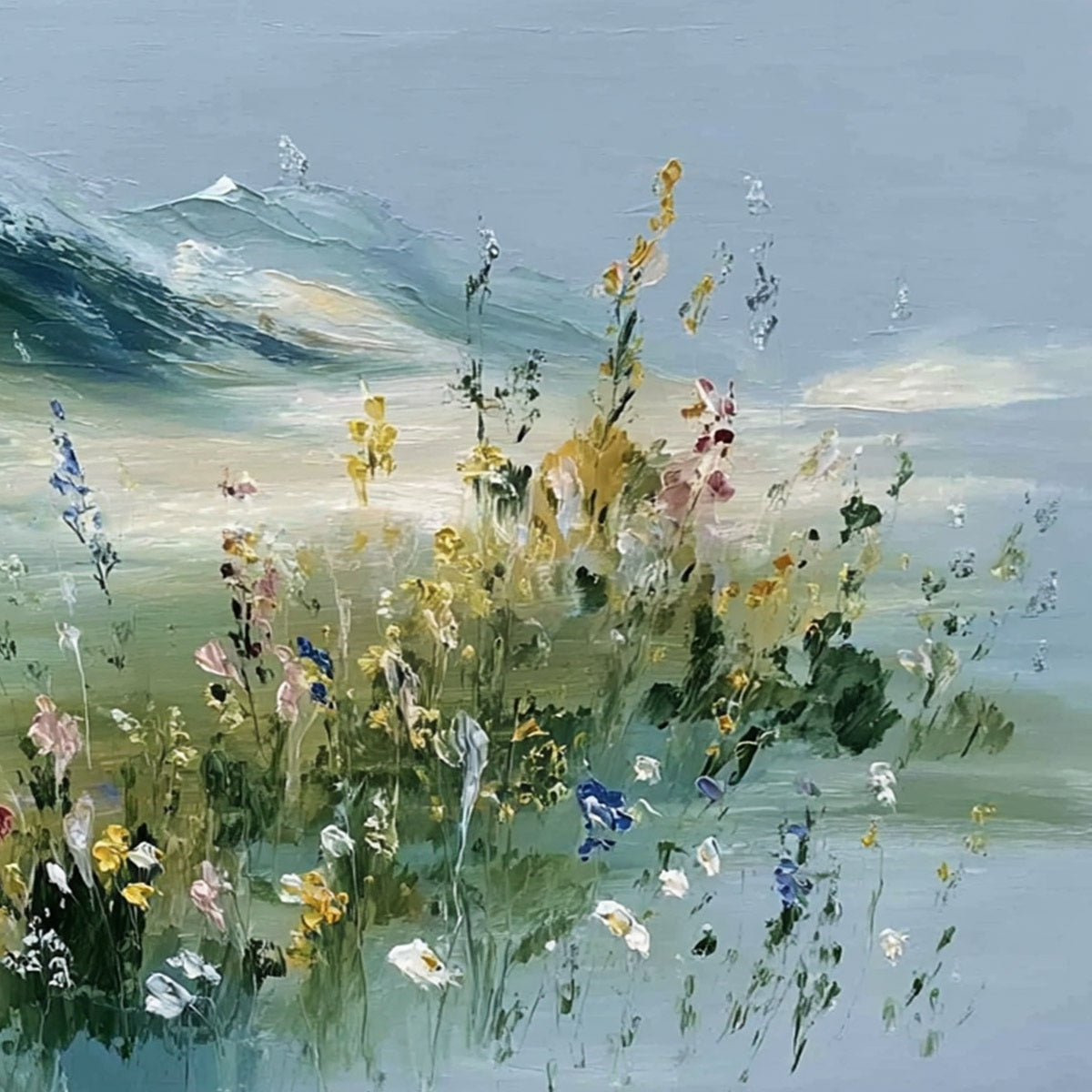 ALPINE BLOOM: Textured Palette Knife Mountain & Wildflower Landscape Painting