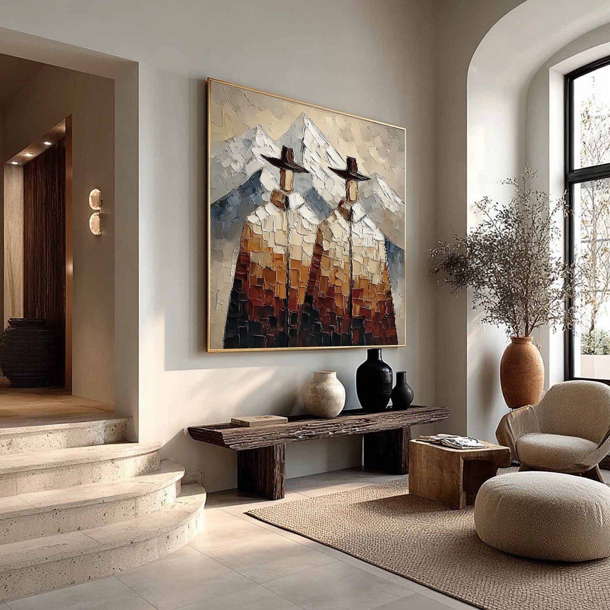 ALPINE COMPANIONS: Textured Impasto Painting of Two Figures in the Mountains