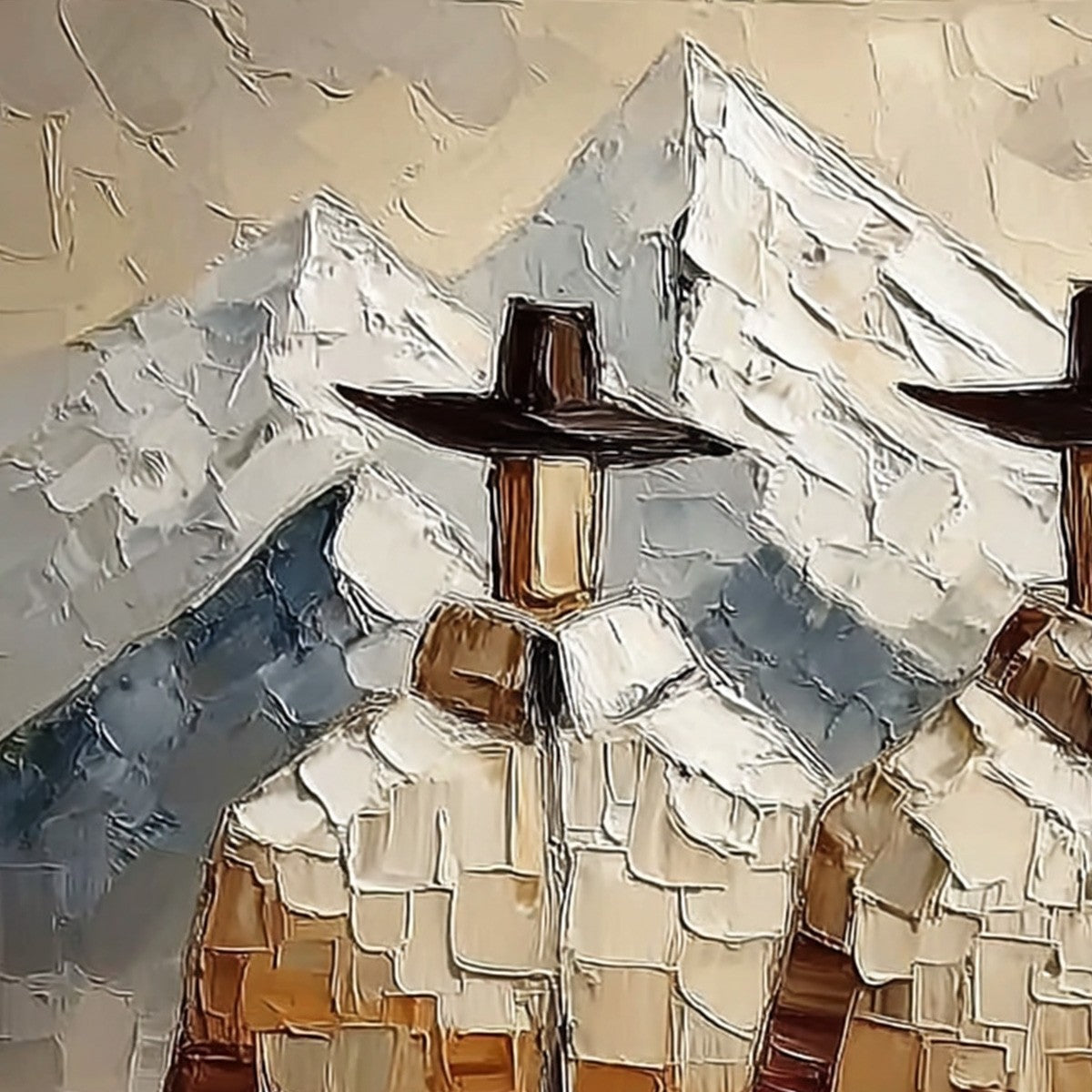 ALPINE COMPANIONS: Textured Impasto Painting of Two Figures in the Mountains