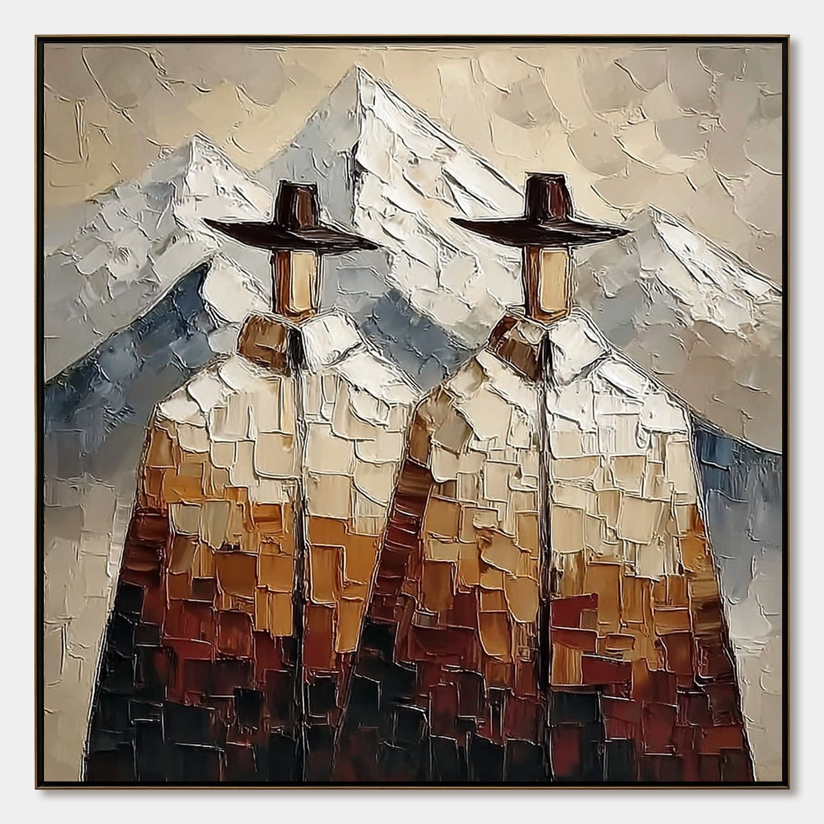 ALPINE COMPANIONS: Textured Impasto Painting of Two Figures in the Mountains