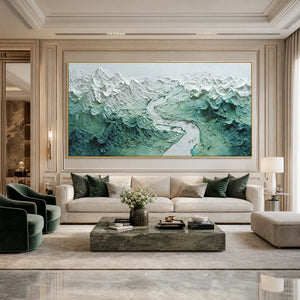 Textured impasto mountain river landscape with teal and white peaks in modern living room